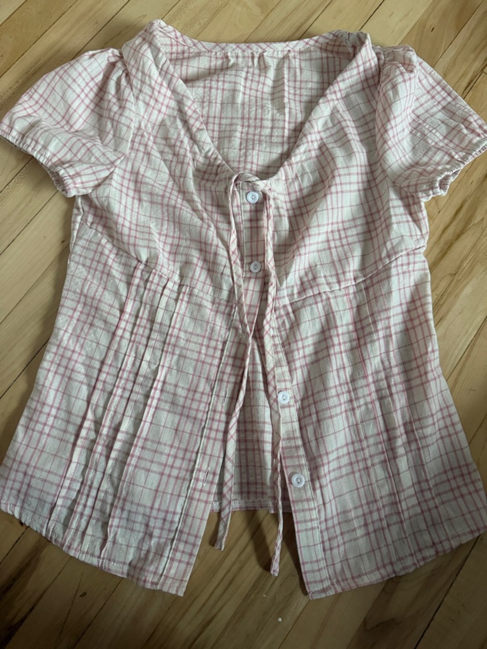Pink and White Plaid Button Front Blouse